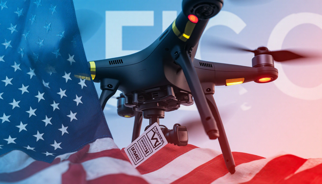 Drone propellers rotate with flag-patterned stickers and a faint FCC logo in background while a crumpled flag lies nearby.