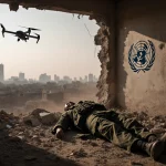 UN peacekeeper lying on rubble with a hovering drone and faint UN logo near shattered windows.