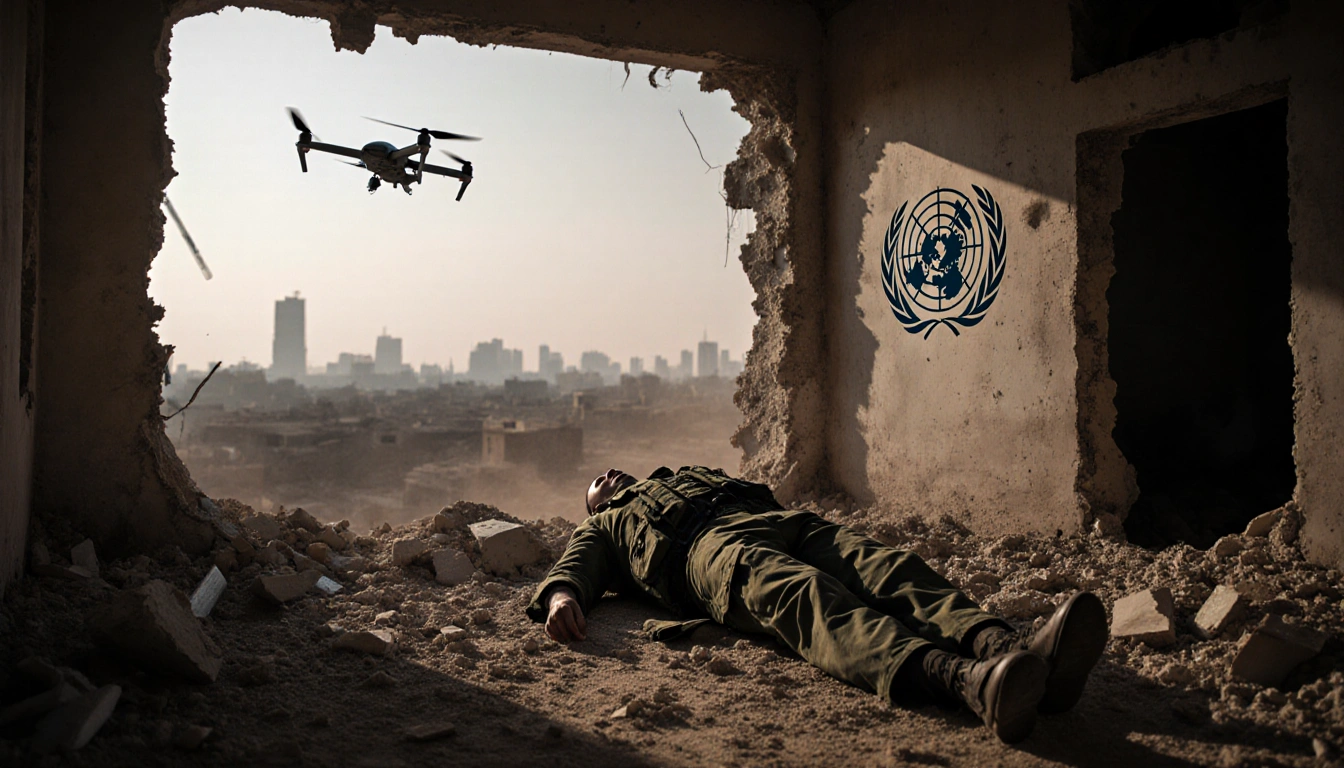 UN peacekeeper lying on rubble with a hovering drone and faint UN logo near shattered windows.