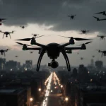 Drones hover over a dark cityscape at dusk with a lone drone silhouetted against fading light.