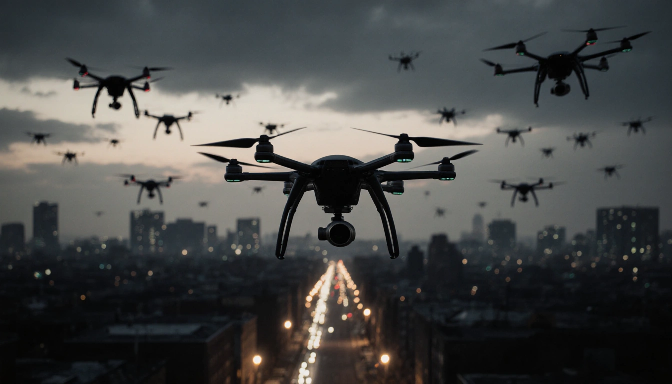 Drones hover over a dark cityscape at dusk with a lone drone silhouetted against fading light.