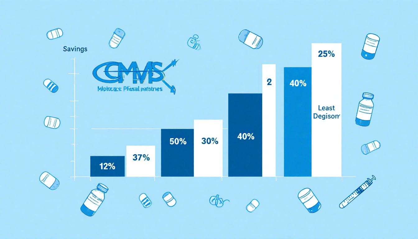 Bar graph showing top 10 CMS drug price savings with pill bottles and syringes in calming blue and white