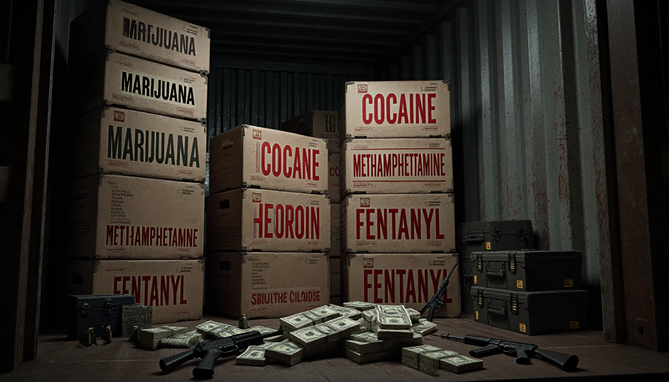 Crates hold narcotics with red labels and scattered currency and firearms and ammo boxes behind