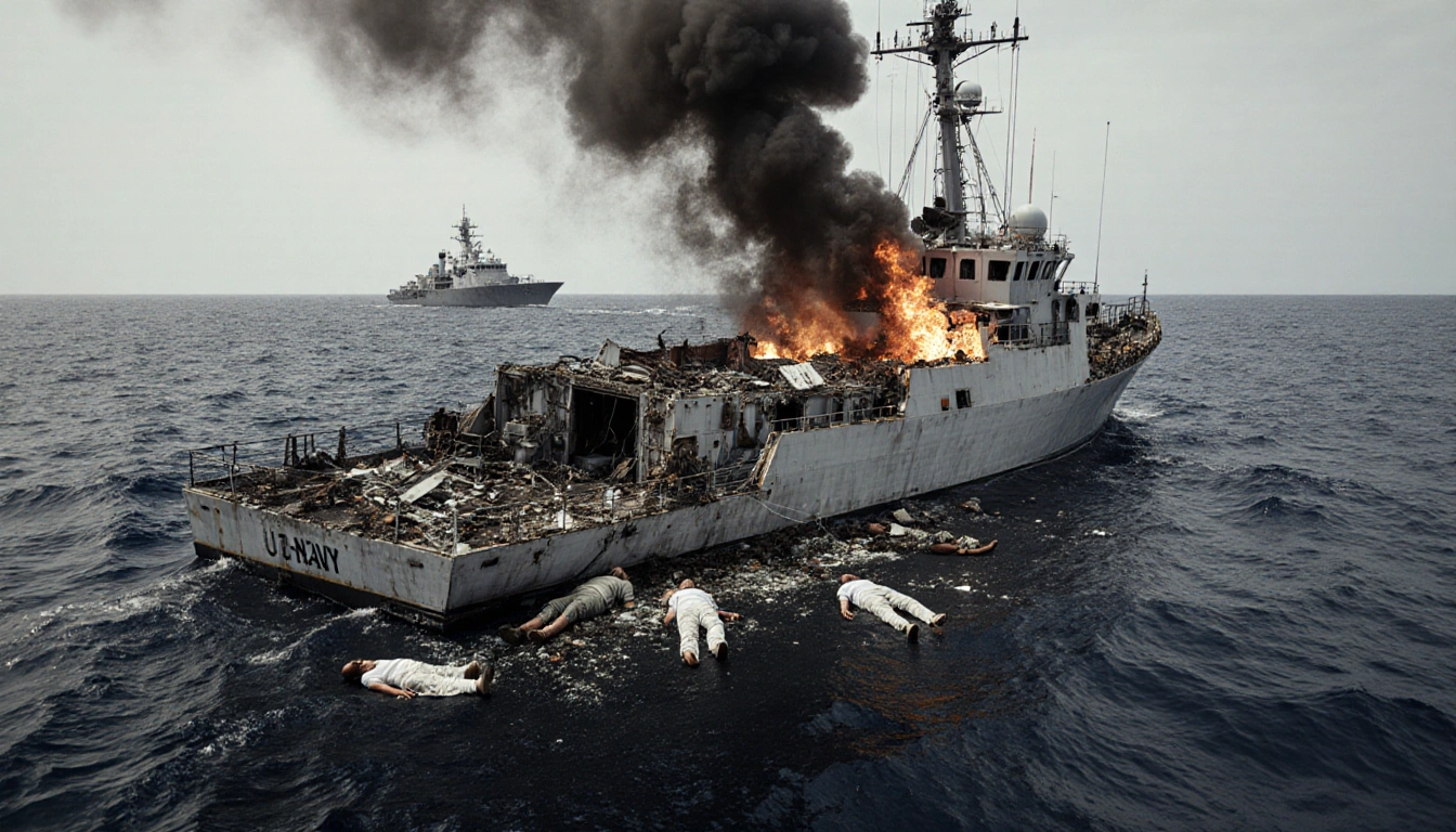 Burning drug smuggling boat with lifeless bodies on deck and distant U.S. naval vessel over Caribbean waters