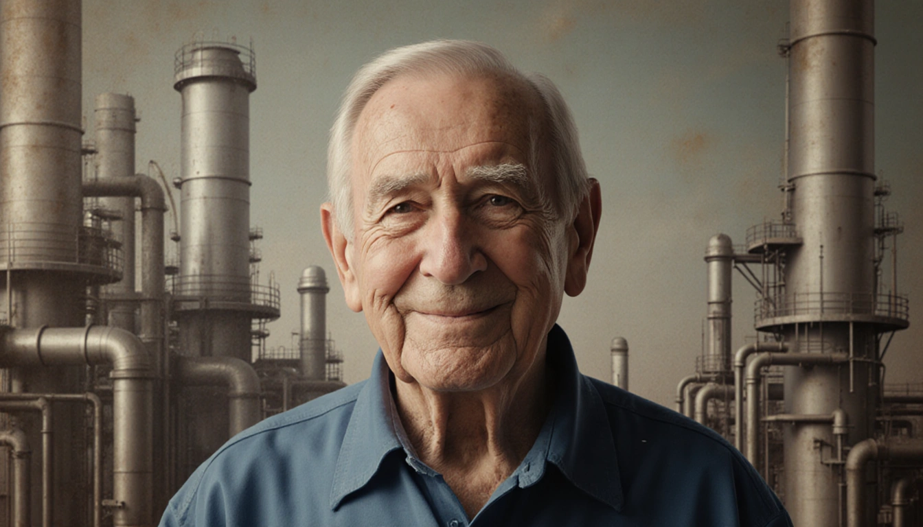 Duane Davis relaxing with a gentle smile surrounded by oil refinery machinery textures and subtle hints of his past trade.