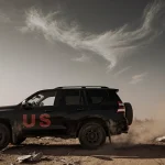 Black SUV with red US logo parking on dusty road with smoke rising and broken branches scattered