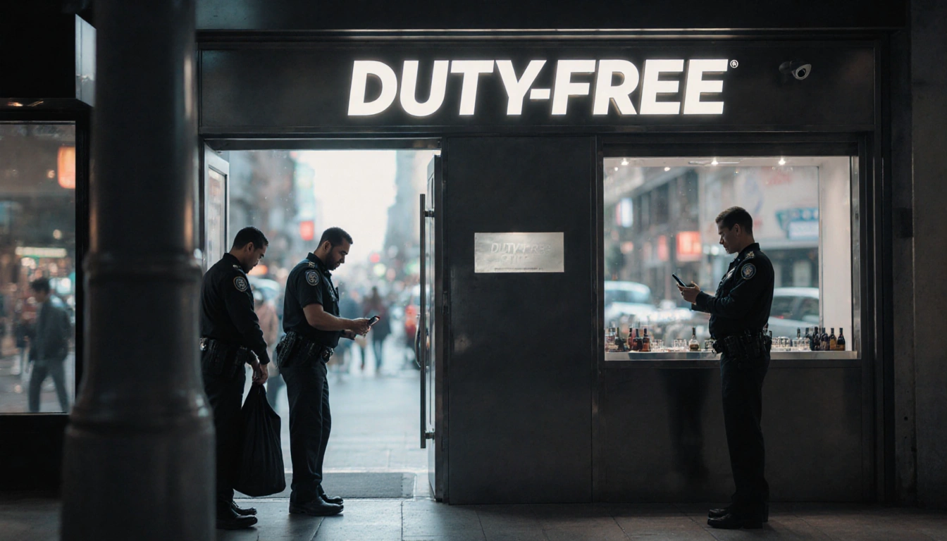 Security guard frisking a visitor's bag with another guard checking a phone near a duty-free storefront with surveillance