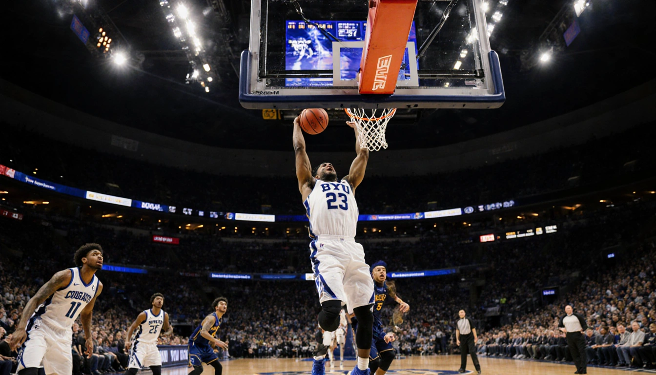 AJ Dybantsa dunking with BYU logo and number 23 visible while the Cougars score glows in the background