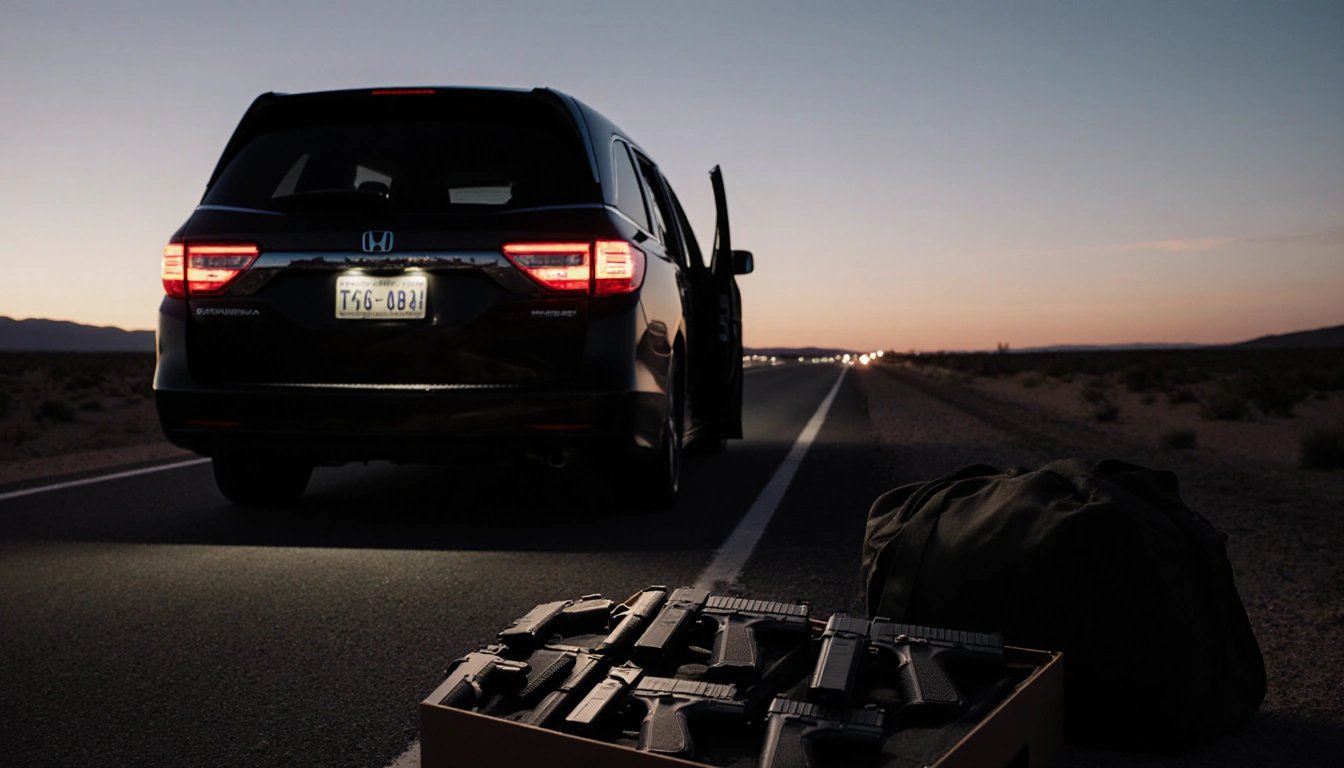 Black Honda Odyssey parks on Eagle Pass highway with lit interior and twelve pistols displayed in foreground