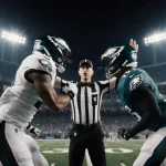 Players from the Philadelphia Eagles and Washington Commanders clash mid-motion with a referee in the middle under stadium li