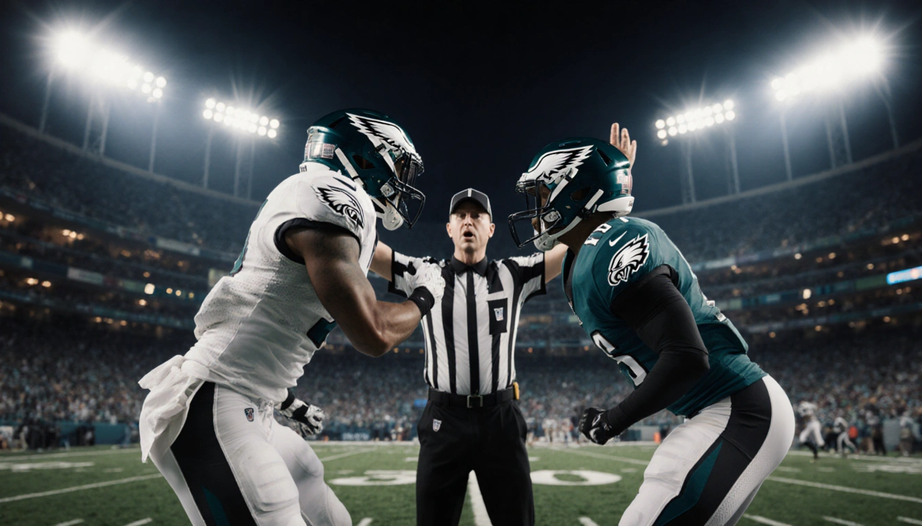 Players from the Philadelphia Eagles and Washington Commanders clash mid-motion with a referee in the middle under stadium li