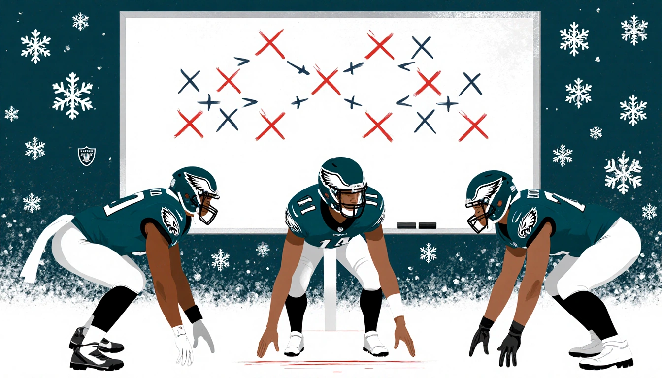 Jalen Hurts standing behind center with Saquon Barkley and DeVonta Smith while a chalkboard shows offense plays in snow