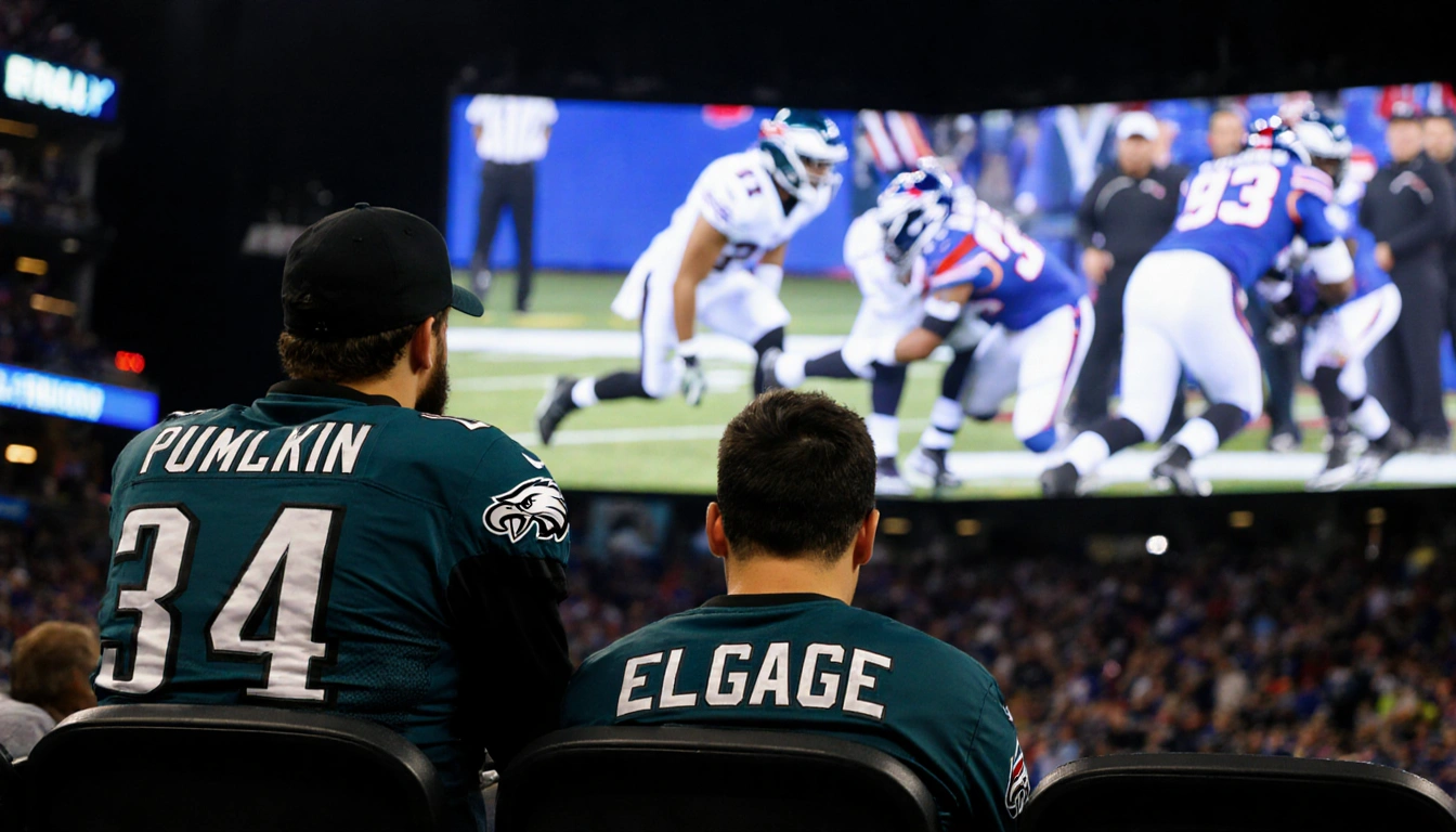 A lone fan bowing with eyes on Jumbotron split-screen showing incomplete conversion with bright Eagles logo on scoreboard