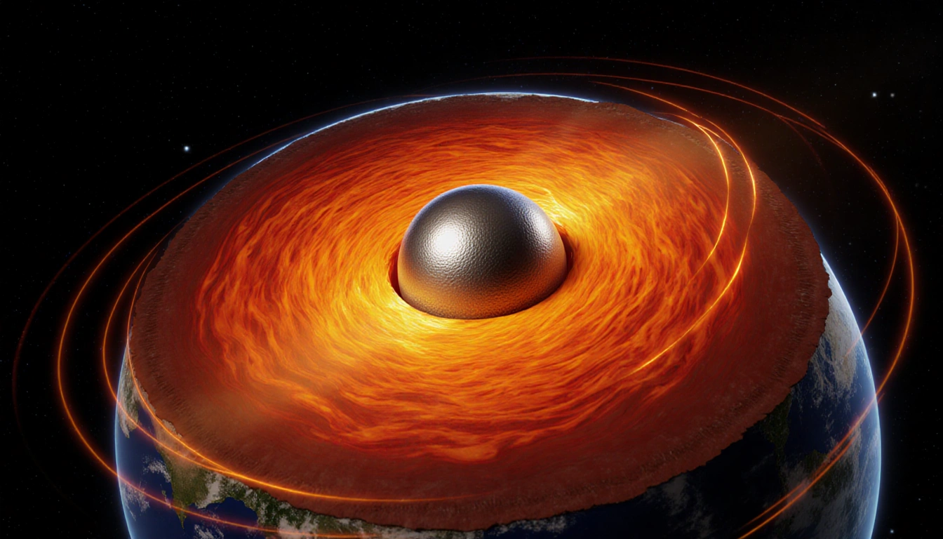 Inner core radiating molten layer with swirling orange red yellow and glowing magnetic field lines