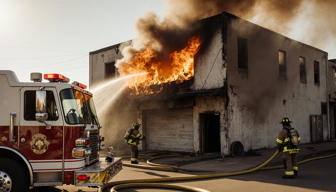 Firefighters deploying hoses with flames engulfing an abandoned Austin building and smoke billowing and a fire truck nearby