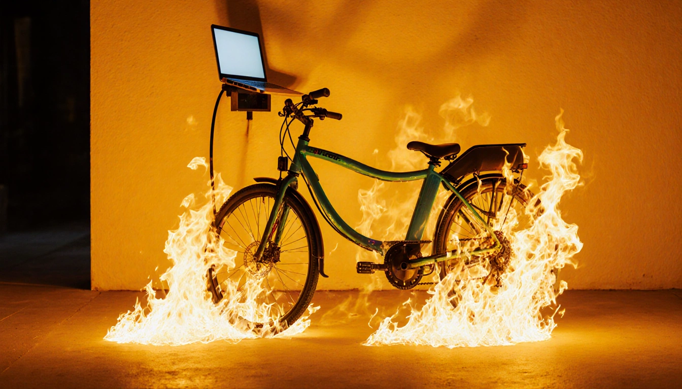 E‑bike charging at station with flames licking its frame and a blurred laptop reflection behind