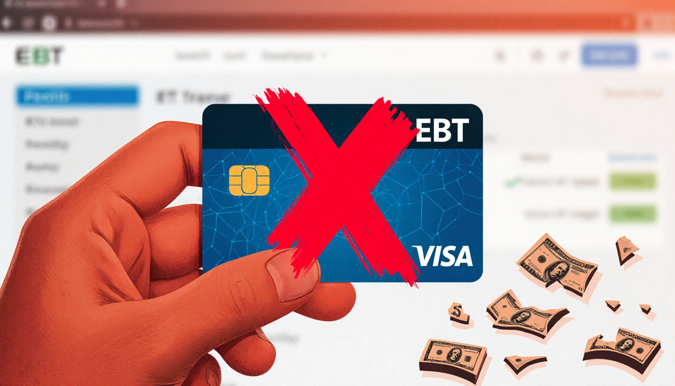 Person holding an EBT card with a red X over it and scattered dollars indicating an online scam warning.