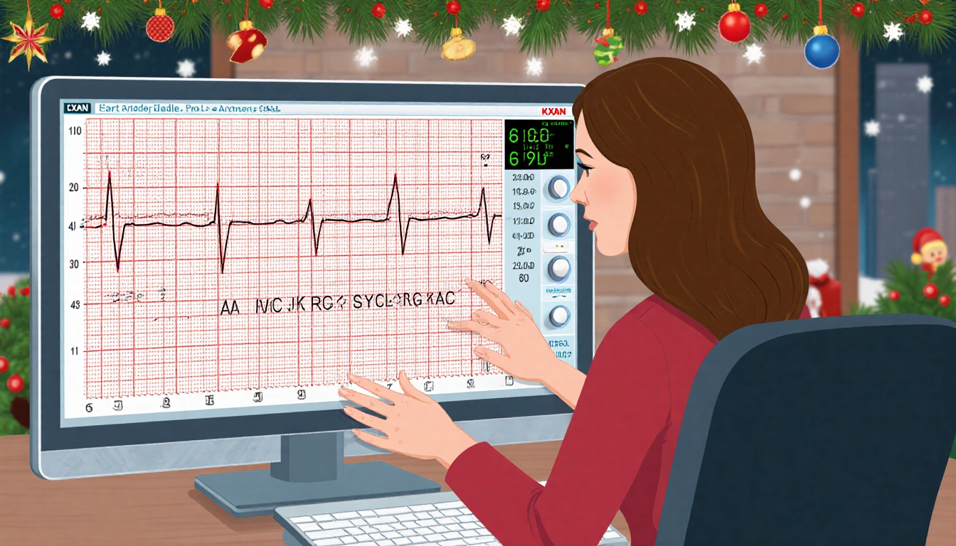 Sally Hernandez sits at ECG monitor with heart rate data while Dr. Andrea Natale focuses on readings in a festive background