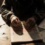 Hands holding newspaper with headline Economic Confidence Level Since Tariffs on a table with charts.