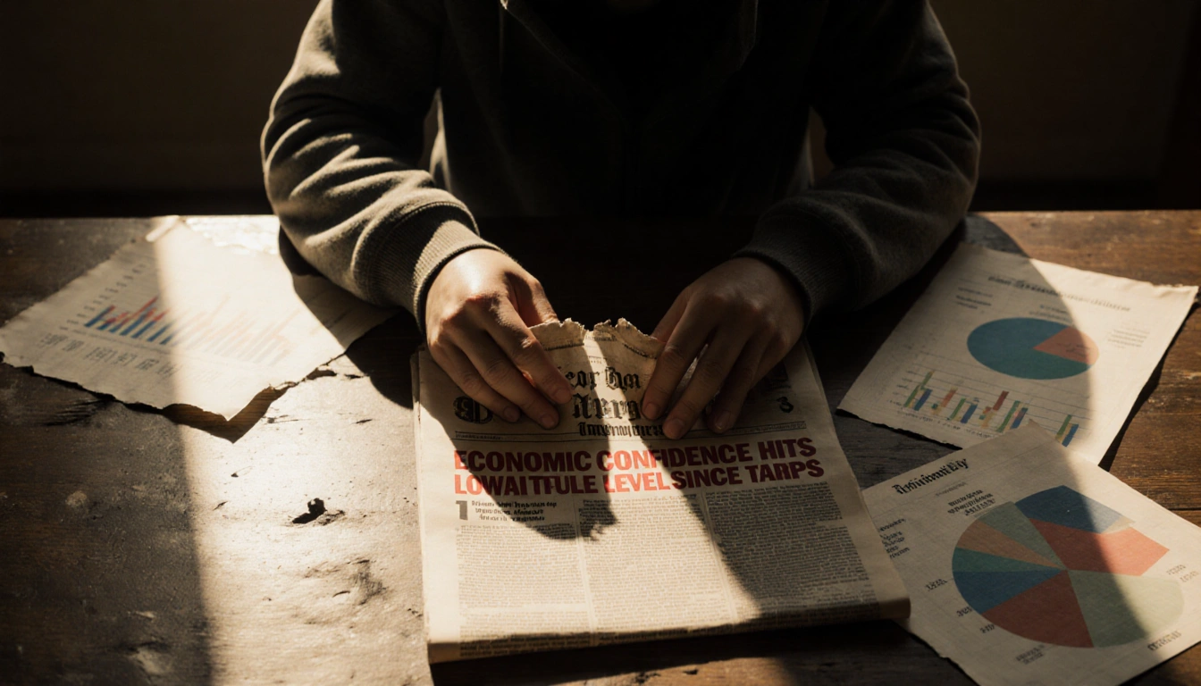 Hands holding newspaper with headline Economic Confidence Level Since Tariffs on a table with charts.