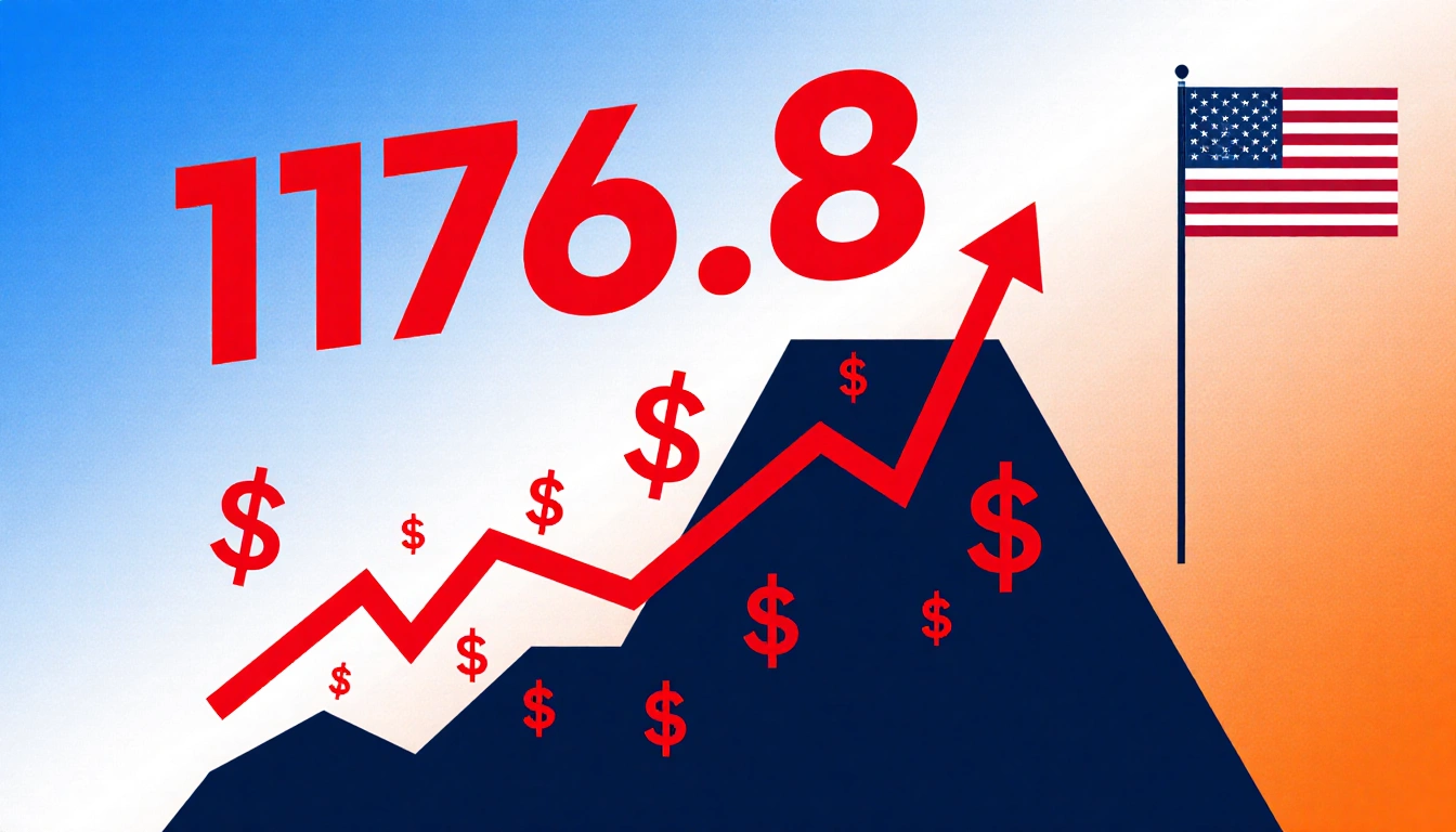 Red line graphing declining inflation with falling arrows and dollar signs and 116.8 text blue-orange gradient background US