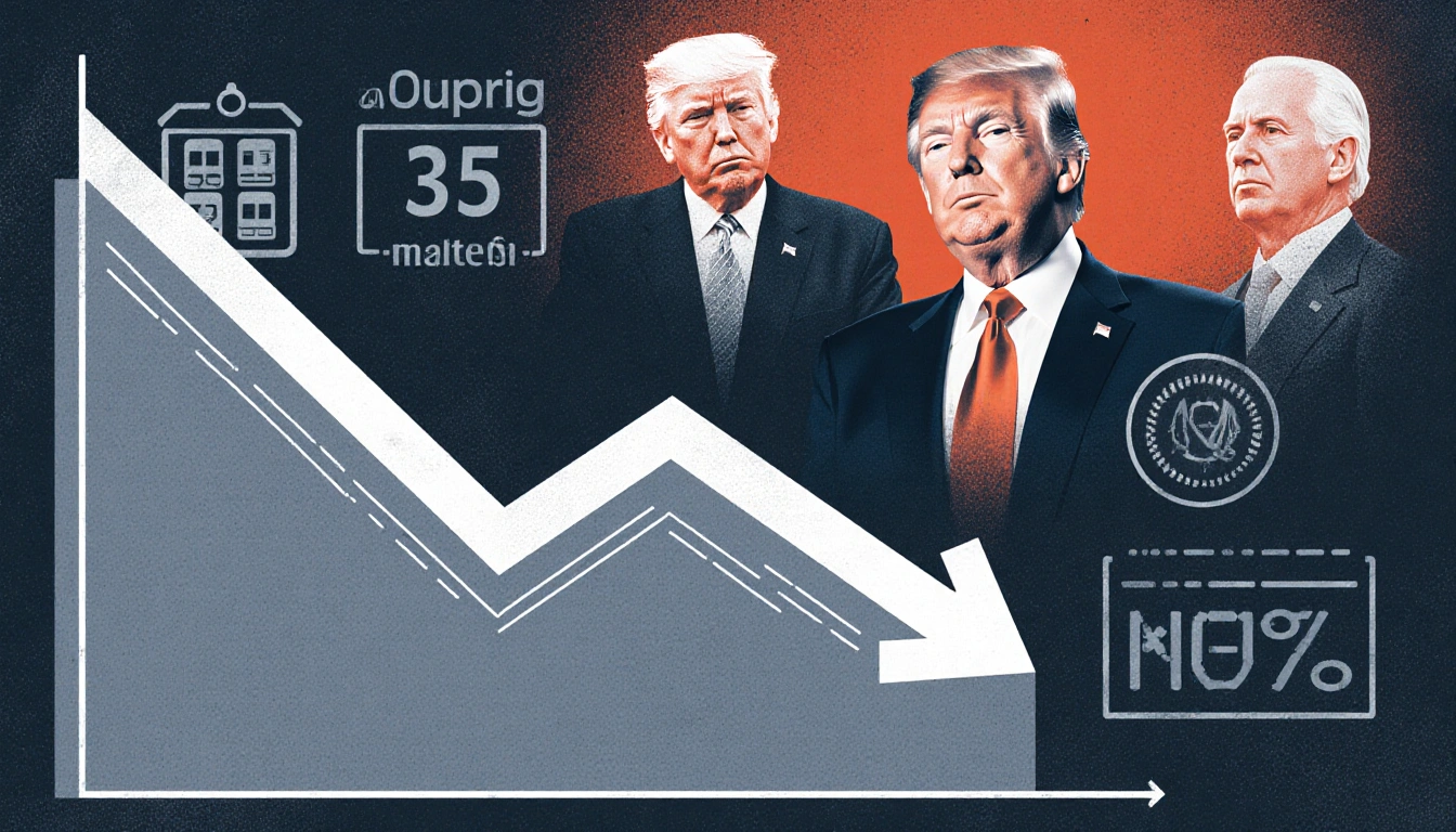 Line graph trending downward with 35 confidence level and presidential icons in background.