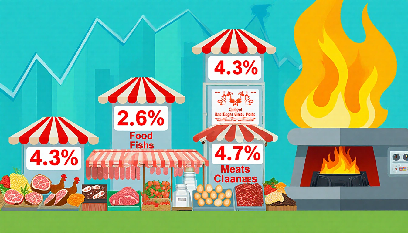 Market stalls show rising inflation prices with bold red numerals while flames climb from furnace against blue-green backdrop