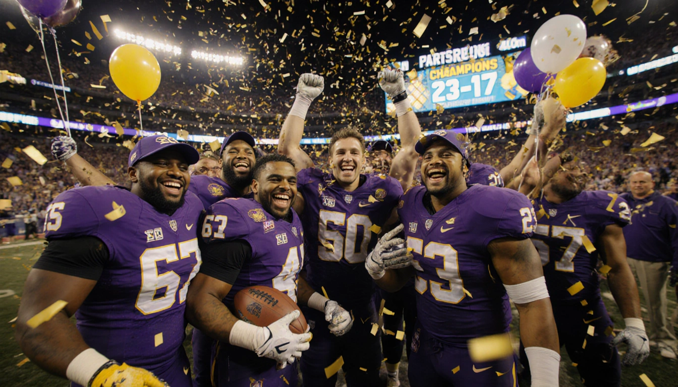 ECU football players celebrating in a huddle with confetti swirling and a scoreboard showing 23‑17 in a golden‑lit stadium