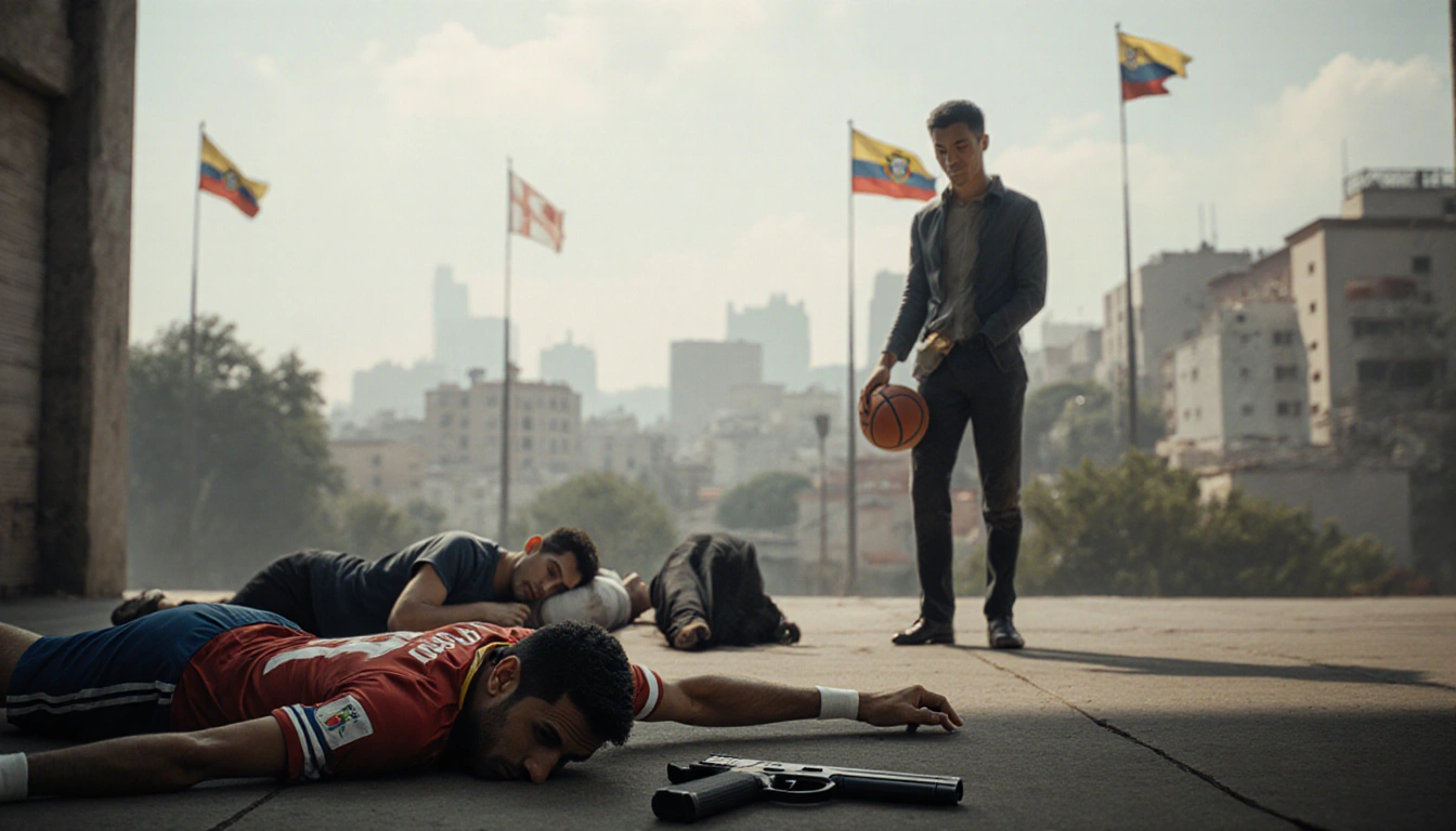 Injured man standing with basketball near fallen former soccer player with gun in crime scene background of Ecuador