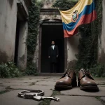Judge standing solemnly with abandoned handcuffs and crumbling courtyard walls in the background.