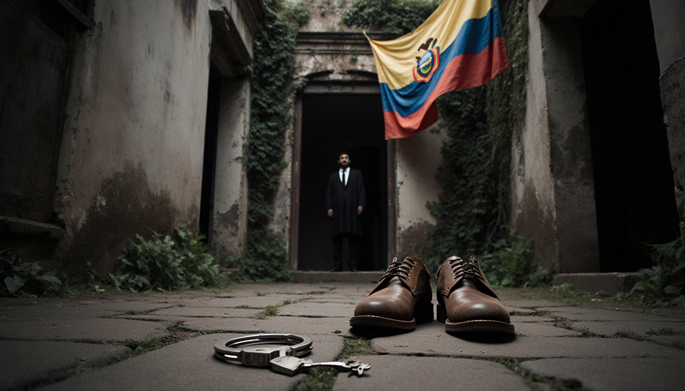 Judge standing solemnly with abandoned handcuffs and crumbling courtyard walls in the background.