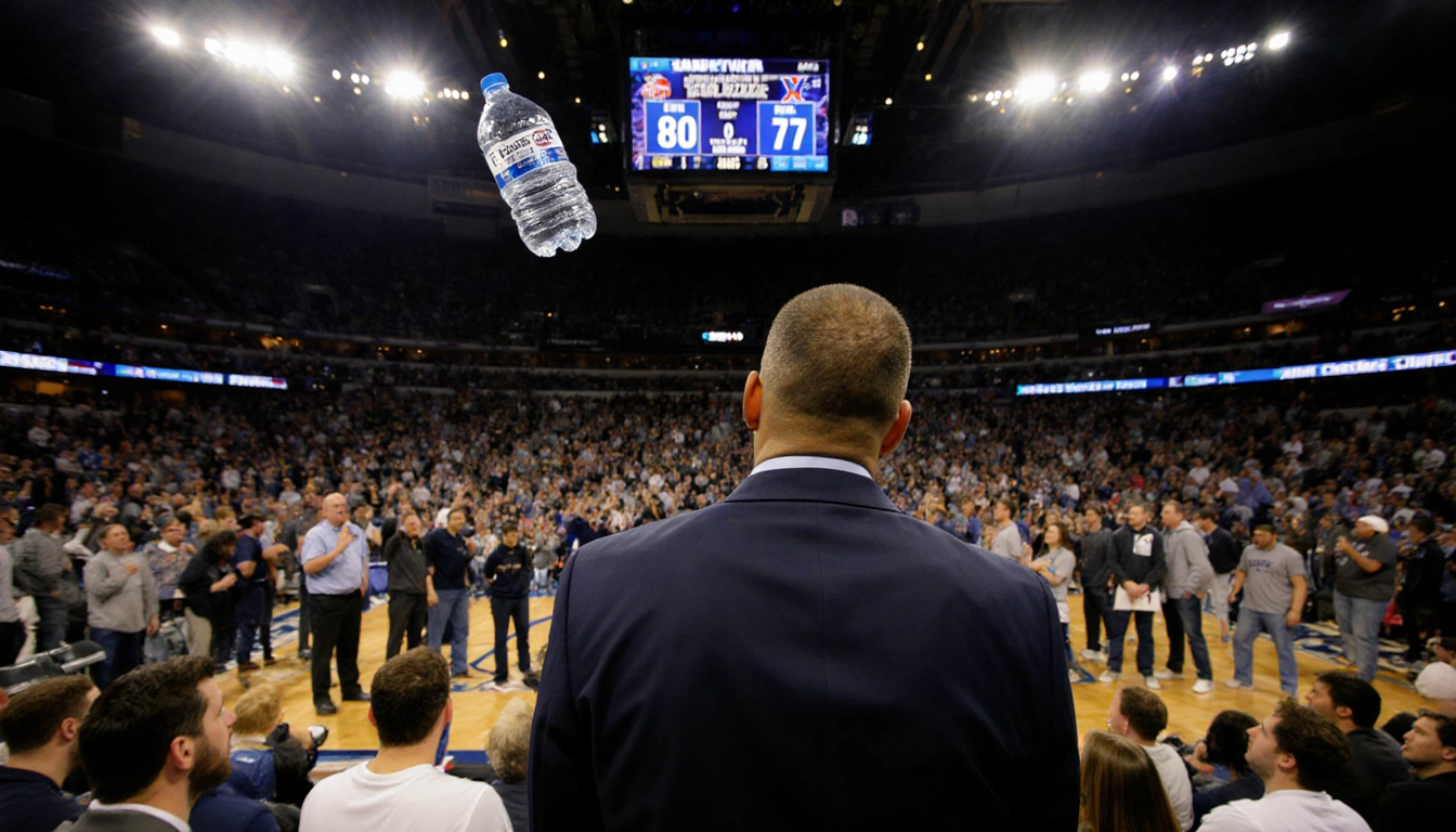 Ed Cooley standing looking at fans in stadium with a water bottle and scoreboard showing 80-77