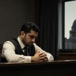 Eduardo Ravelo sits in a courtroom with elbows on the table while Mexican flag and U.S. Consulate silhouette loom behind.