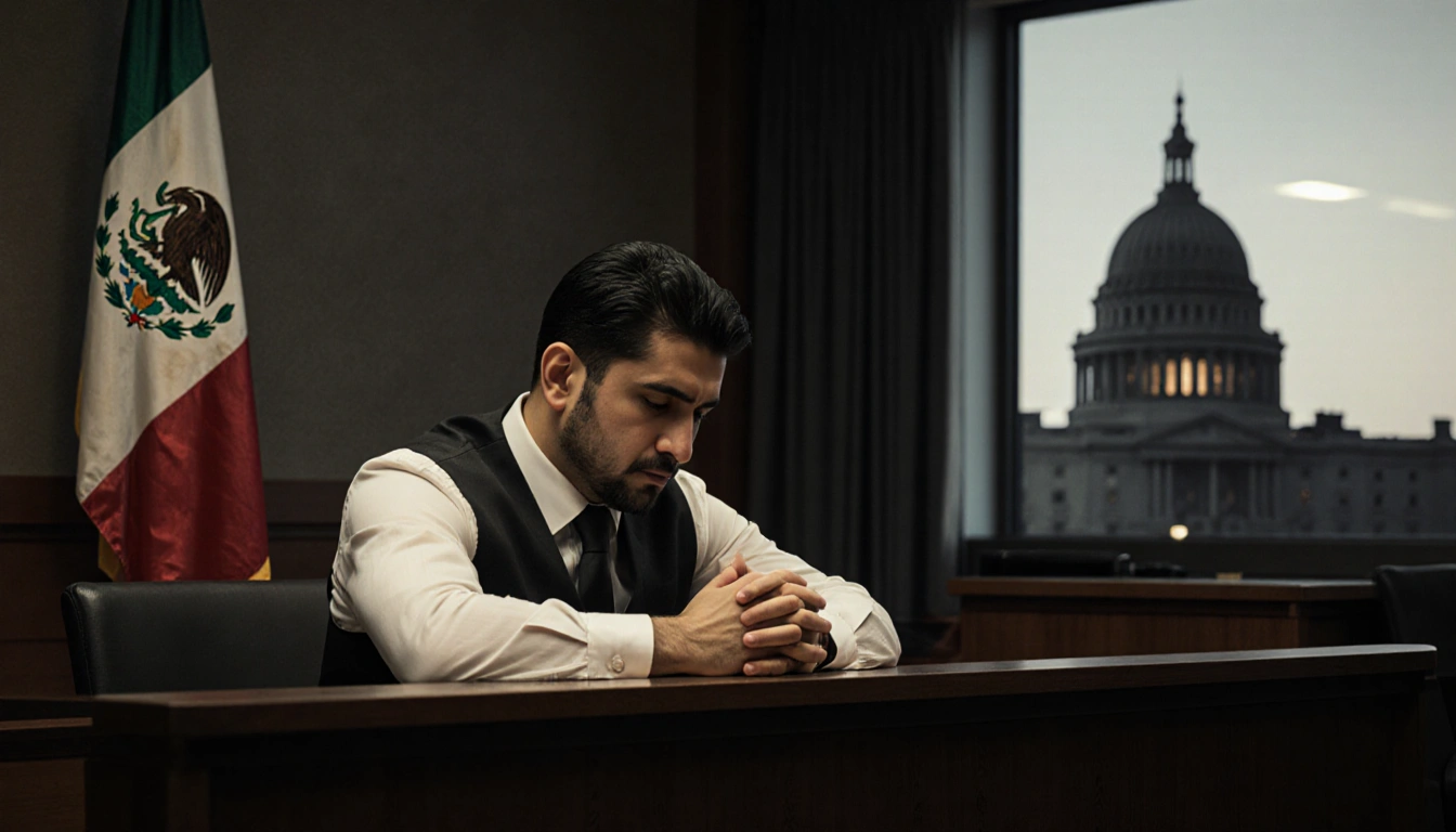 Eduardo Ravelo sits in a courtroom with elbows on the table while Mexican flag and U.S. Consulate silhouette loom behind.