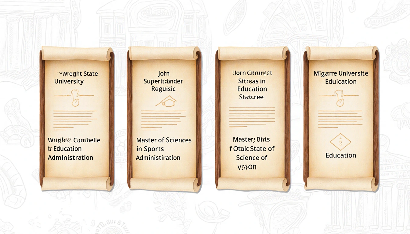 Four wooden panels display superintendent credentials with degree titles and university names and minimalist background.