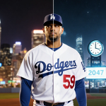 Edwin Díaz in Dodgers uniform standing with gaze looking toward futuristic countdown clock 2047 and neon-lit cityscape