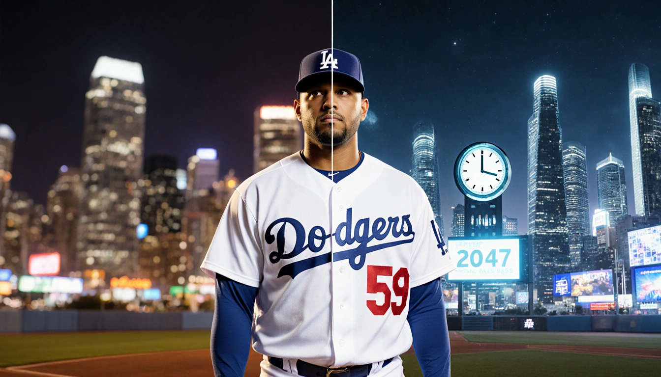 Edwin Díaz in Dodgers uniform standing with gaze looking toward futuristic countdown clock 2047 and neon-lit cityscape
