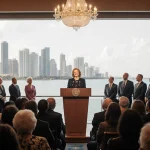Eileen Higgins speaks at her Miami Dade College inauguration with a warm chandelier glow and the city skyline behind