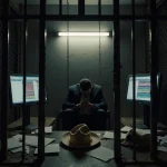 El Marro slumped over his chair in dim prison cell with fluorescent light on seized documents and broken sombrero crown.