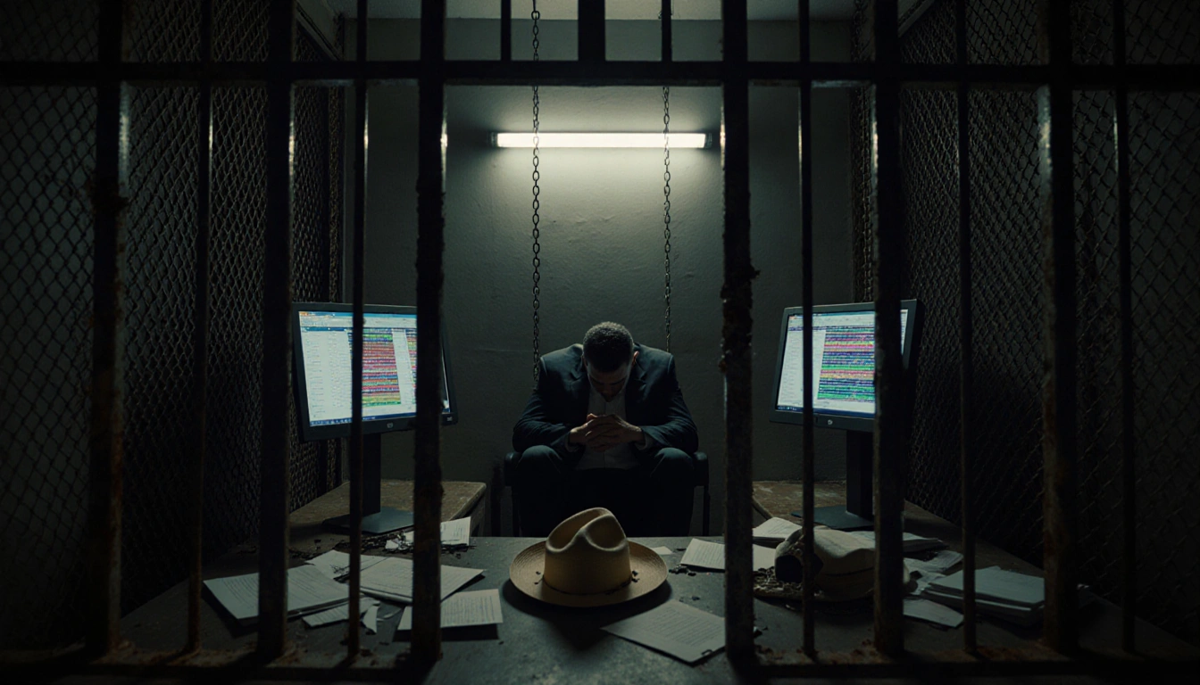 El Marro slumped over his chair in dim prison cell with fluorescent light on seized documents and broken sombrero crown.