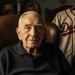 Elderly baby boomer sits in cozy armchair with nostalgic baseball jersey and vinyl record glowing warmly