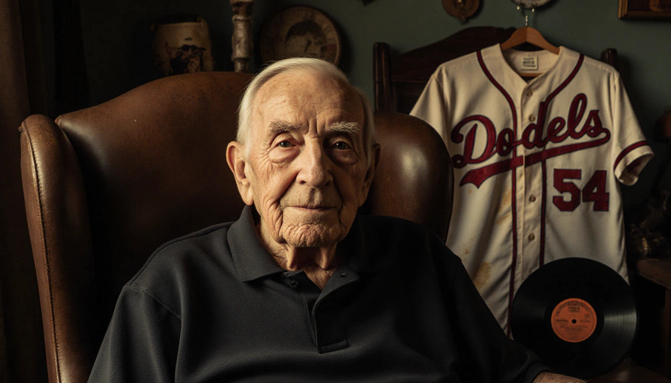 Elderly baby boomer sits in cozy armchair with nostalgic baseball jersey and vinyl record glowing warmly