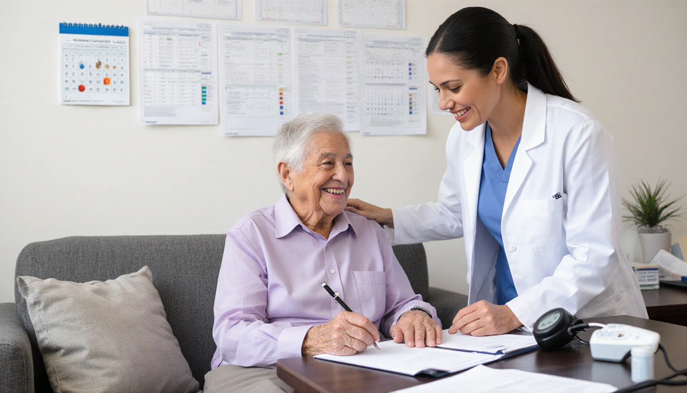 Primary care doctor smiles beside patient on couch with vaccination calendar and blood pressure monitor for preventive care