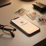 Golden-lit smartphone resting on clutter-free desk with photos and a charger beside reading glasses for elderly simplicity