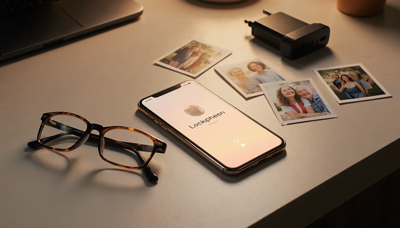 Golden-lit smartphone resting on clutter-free desk with photos and a charger beside reading glasses for elderly simplicity