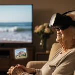 Elderly woman holding a VR headset with a TV screen showing gentle ocean waves behind her and a vase of fresh flowers nearby.