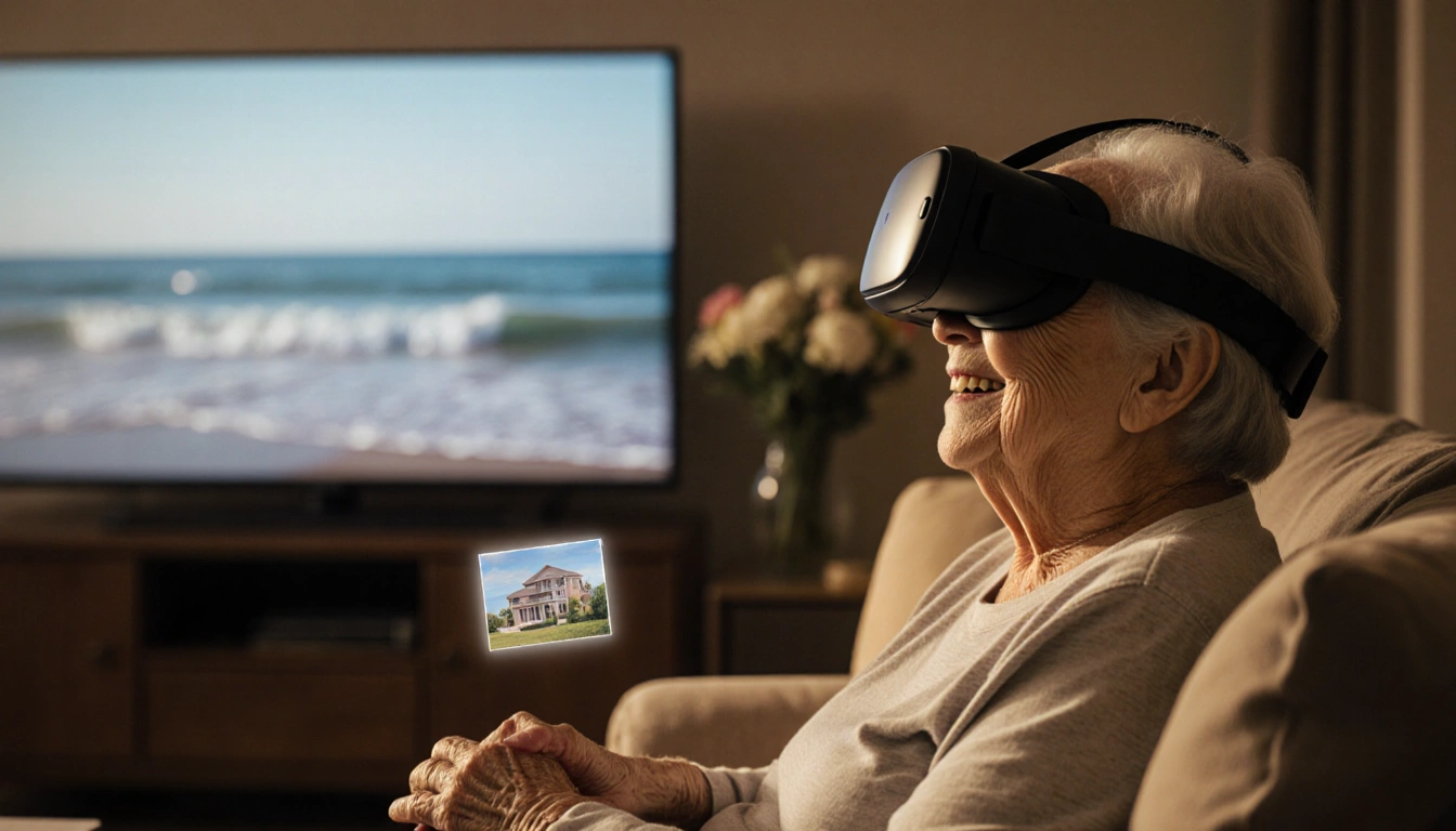 Elderly woman holding a VR headset with a TV screen showing gentle ocean waves behind her and a vase of fresh flowers nearby.