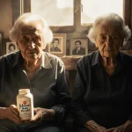 Elderly resilient woman a jar labeled Johnson