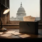 Lamp flickering on worn desk with open ballot box revealing voting ballots and Capitol outline in dusty window
