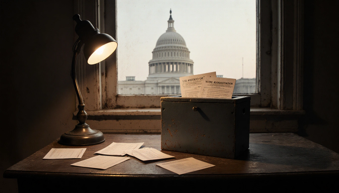 Lamp flickering on worn desk with open ballot box revealing voting ballots and Capitol outline in dusty window